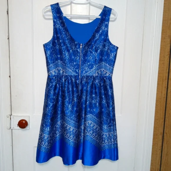 Outback Red Royal Blue Sleevelees Lace Print Fit & Flare Dress sz 10 - Picture 2 of 8